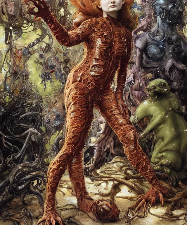 Image similar to a portrait photograph of a fierce mutated transforming hybrid super villian with slimy skin. she looks like sadie sink and is trying on a infected bulbous shiny organic catsuit. by donato giancola, hans holbein, walton ford, gaston bussiere, peter mohrbacher and brian froud. 8 k, cgsociety, fashion editorial