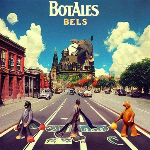 Image similar to boglins on the beatles album cover, 8 k resolution hyperdetailed surrealism