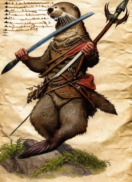 Image similar to a heroic otter scout with spear on a parchment background, redwall, greg rutowski and jean baptiste monge, detailed, epic fantasy concept art