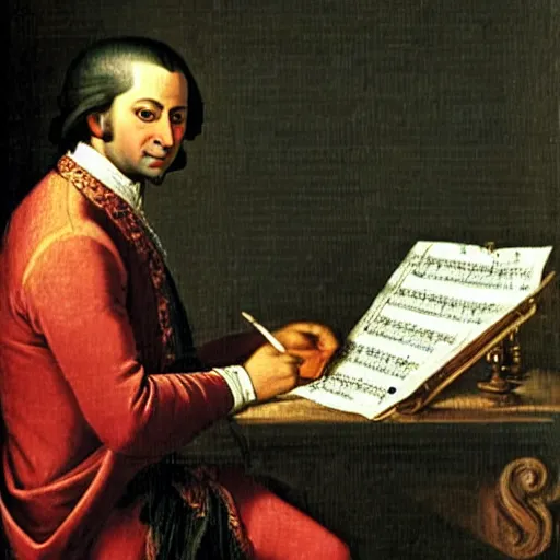 Image similar to a renaissance painting of mozart writting a piece of music on a sheet. He is staring at the sheet with one hand on his head.