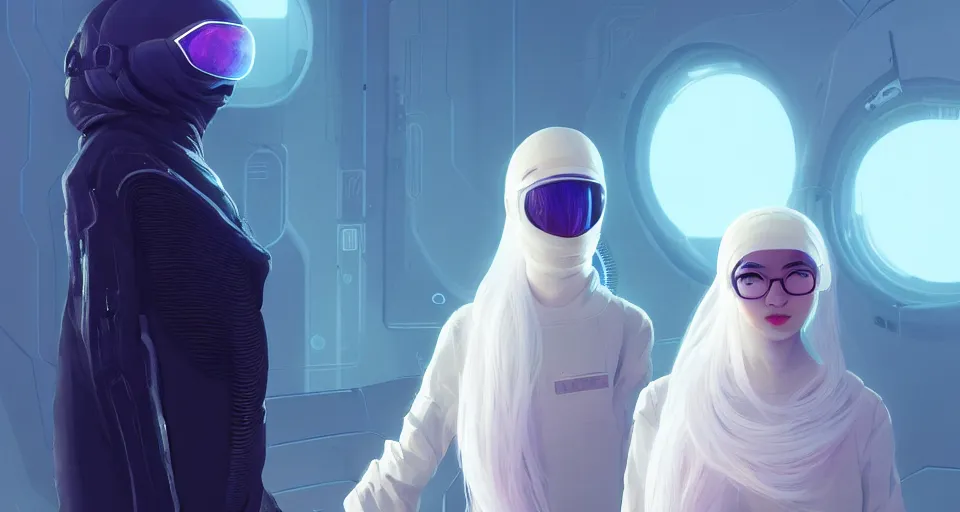 Image similar to portrait of yael shelbia and kang seul - gi, venus squid astronaut, burka, white hair, intricate design details. cyberpunk, rioter, by ruan jia and beeple. smooth gradients, deep space.