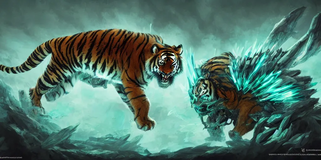 Image similar to Ghostly tiger creature made out of turquoise energy character design sheet, Monster Hunter Illustrations art book, Bright sparks, claws, huge sabertooth fangs, Moebius, Greg Rutkowski, Zabrocki, Karlkka, Jayison Devadas, Phuoc Quan, trending on Artstation, 8K, ultra wide angle, zenith view, pincushion lens effect.