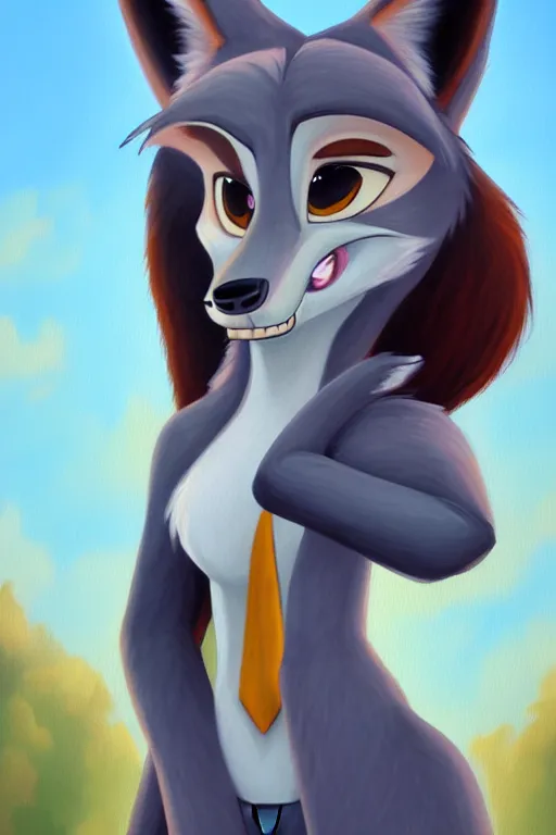 Image similar to oil painting of anthromorphic female wolf, in style of zootopia, female fursona, furry, furaffinity, 4 k, deviantart, furry art, fursona art, wearing black business suit, business suit, wolf fursona, female, smug expression,