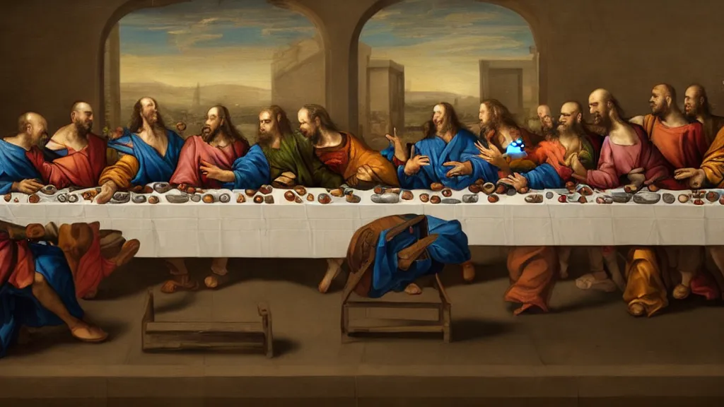 Image similar to baroque painting of the last supper of robots