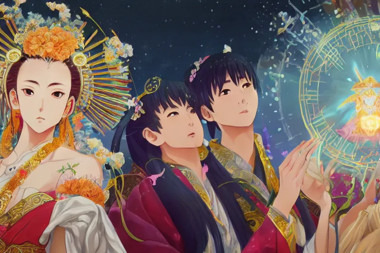 Image similar to close up moment of a divine a japan sun god and a moon goddess lovers magician at a wedding banquet, highly detailed, genshin, fantasy, 4 k realistic, digital painting, trending on artstation, concept art, sharp focus, illustration, art by makoto shinkai and akihiko yoshida and daniel gerhartz