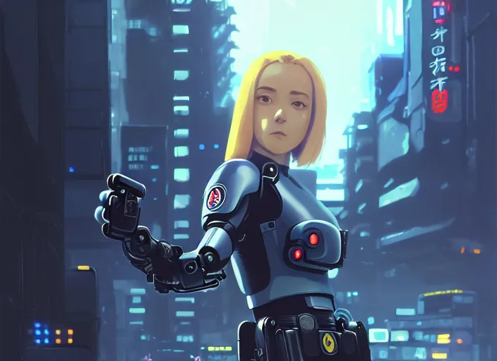 Image similar to a film still portrait of a bionic female cop, finely detailed features, minions, cinematic lighting, perfect art, night cyberpunk city, intricate, anime, minion, gapmoe grimdark, artstation, trending on pixiv fanbox, painted by greg rutkowski makoto shinkai takashi takeuchi studio ghibli, akihiko yoshida, 4 k