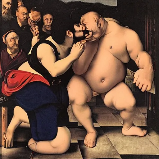 Image similar to thicc Mario kissing thicc Waluigi in Rome, Caravaggio, 8k