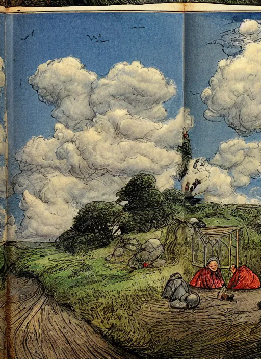 Image similar to transitioning from day to night, surrounded by light clouds, landscape, illustrated by peggy fortnum and beatrix potter and sir john tenniel