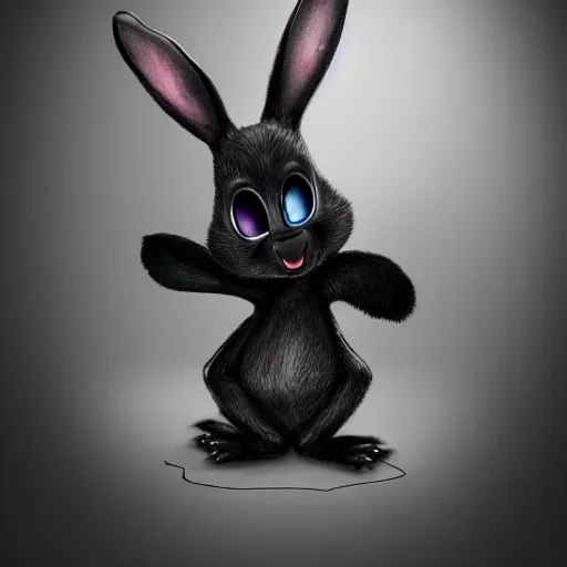 Image similar to A extremely highly detailed majestic hi-res beautiful, highly detailed head and shoulders portrait of a scary terrifying, horrifying, creepy black cartoon rabbit with scary big eyes, earing a shirt laughing, hey buddy, let's be friends, in the style of Walt Disney animation