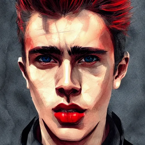 Image similar to young james dean teenage boy man, in a black and red checked flannel shirt, in a style of 8 0's horror style, wlop, artgerm, jason chan, charlie bowater, sergey kolesov, watercolor on paper, hyper detail portrait, closeup on face, exquisite detail, profile picture,