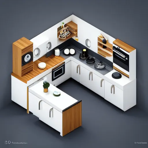 Image similar to isometric minimalistic chubby kitchen, c 4 d style, 1 0 0 mm, depth of field, octane render, studio lighting