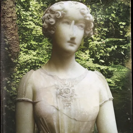 Prompt: marble sculpture of a woman ruler, surrounded by foliage, dreamy autochrome pinhole photography.