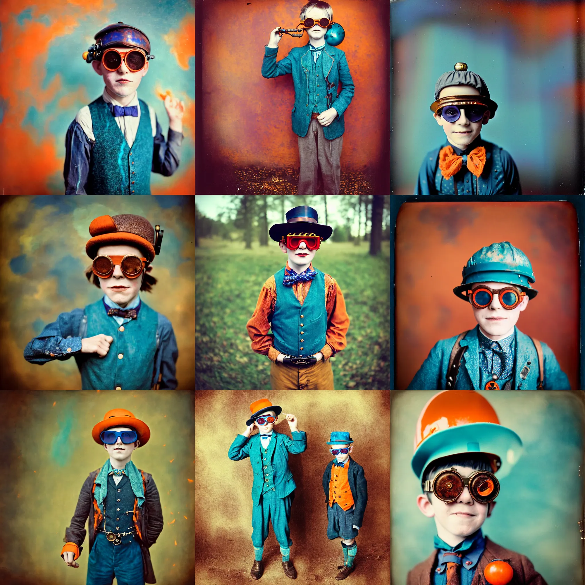 Prompt: kodak portra 4 0 0, wetplate, motion blur, portrait photo of 8 year old steampunk boy in 1 9 2 0 s in hell fire, wearing a blue berries, 1 9 2 0 s cloth, 1 9 2 0 s hair, coloured in teal and orange, muted colours, funny sunglasses, by britt marling, sparkle storm