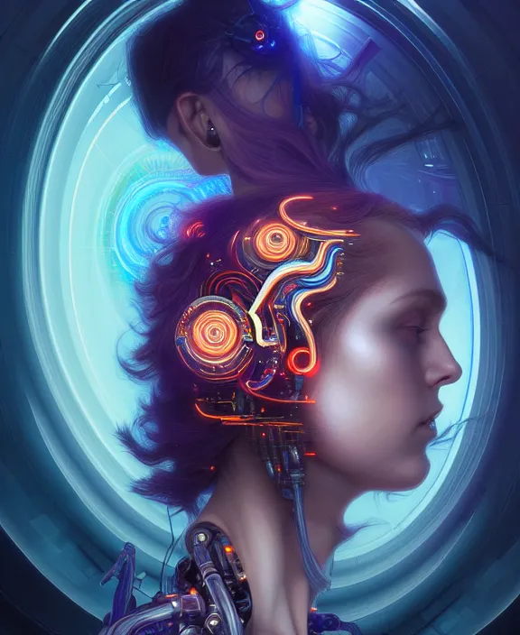 Image similar to a whirlwind of souls rushing inside the metaverse, hologram, half body, neurochip, shaved temple, piercing, jewelry, android, cyborg, cyberpunk face, by loish, d & d, fantasy, intricate, elegant, highly detailed, colorful, digital painting, artstation, concept art, art by artgerm and greg rutkowski and alphonse mucha