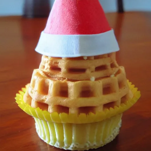 Image similar to hyper realistic cupcake gnome with wafflecone hat