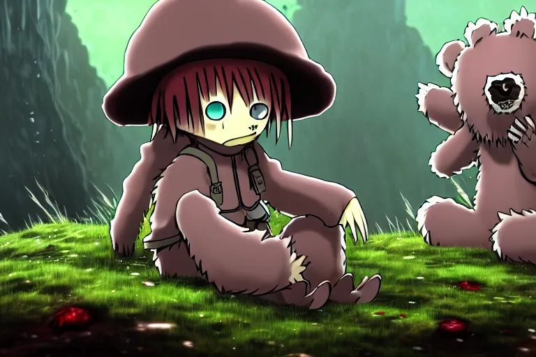 Image similar to high resolution 4 k gore, blood, furry bears horror made in abyss design bizarre design body a field of cool colors shading war bloody war wounded country bears rock afire explosion billy bob made in abyss body horror bears fluffy cute deformed black skydave sim rosewood art in the style of akihito tsukushi and jim henson - h 5 7 6