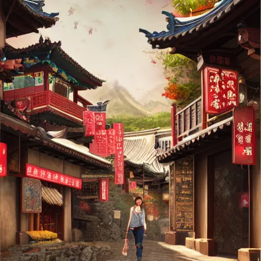 Prompt: a woman in jiufen taiwan, an oil painting by ross tran and thomas kincade