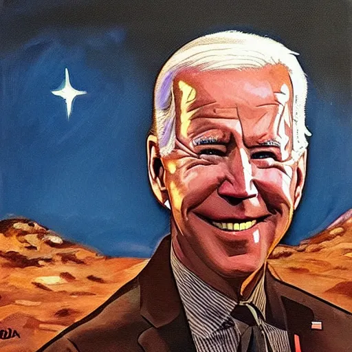 Image similar to oil painting Joe Biden with glowing eyes, looking stern, holding an RPG, in a desert landscape, epic, dark