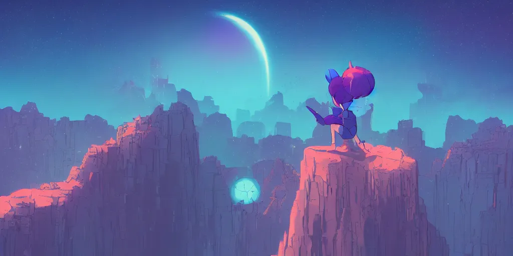 Image similar to small blue pixie on a cliff looking to a synthwave city, stars, long exposure, 4k, Cel shaded, concept art