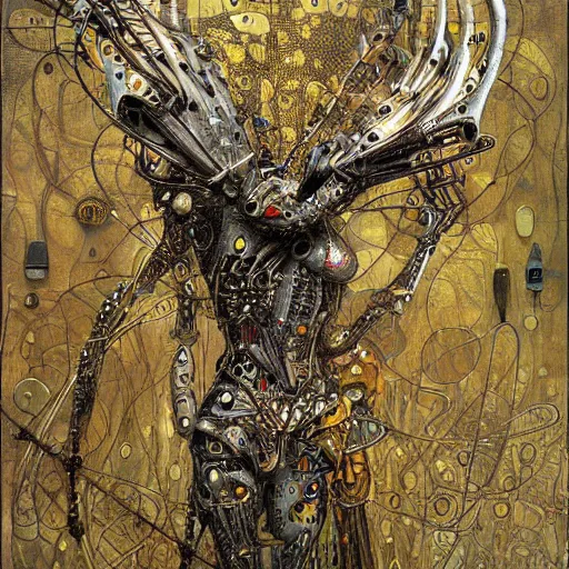 Image similar to winged cybernetic demon trapped in biomechanical circuitry, intricate detail, miro, royo, whealan, klimt,