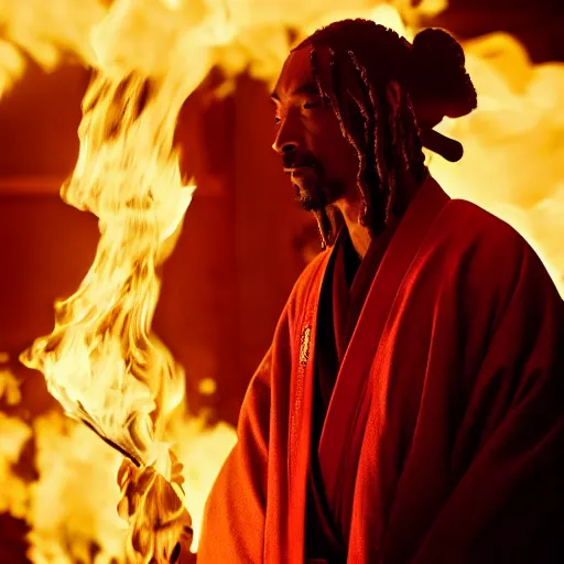 Image similar to cinematic film still of Snoop Dogg starring as a Samurai holding fire, Japanese CGI, VFX, 2022, 40mm lens, shallow depth of field, film photography