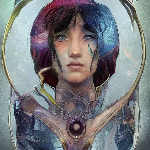 Image similar to cyborg, female, fantasy, bioluminiscence, flowing hair, portrait, highly detailed, digital painting, beautiful eyes, symmetry, concept art, sharp focus, illustration, art by artgerm and greg rutkowski and magali villeneuve and ilya kuvshinov! : : alphonse mucha : : - 0. 2