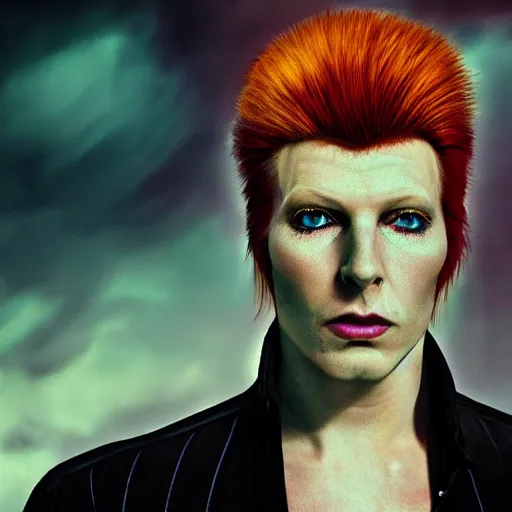 Prompt: Ziggy Stardust in a black long sleeve shirt looking directly into the camera, forward angle, white background, realistic, hyperrealistic, in real life, highly detailed, very detailed, 4k resolution, 8k resolution, trending on artstation, real life, head and bodyshot