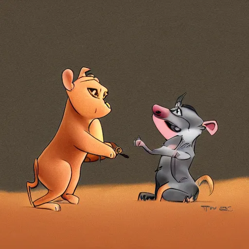 Image similar to a fight between Timon and Pumba, digital art, epic