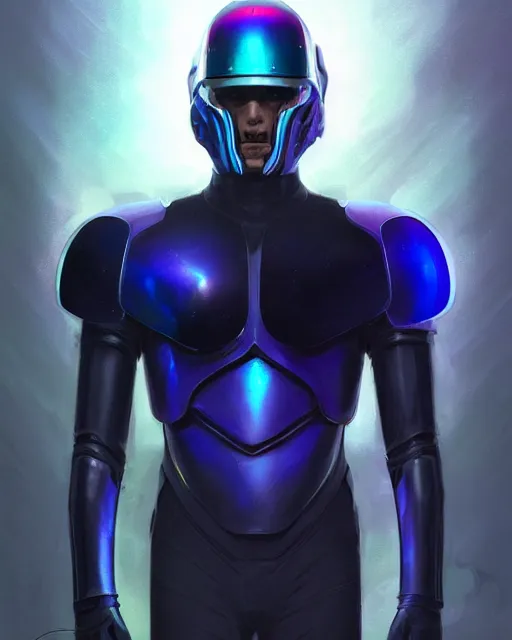 Image similar to character concept of iridescent sinewy smooth muscular male sleek glossy indigo black pearlescent scifi armor with smooth black onyx tron helmet, by greg rutkowski, mark brookes, jim burns, tom bagshaw, magali villeneuve, trending on artstation