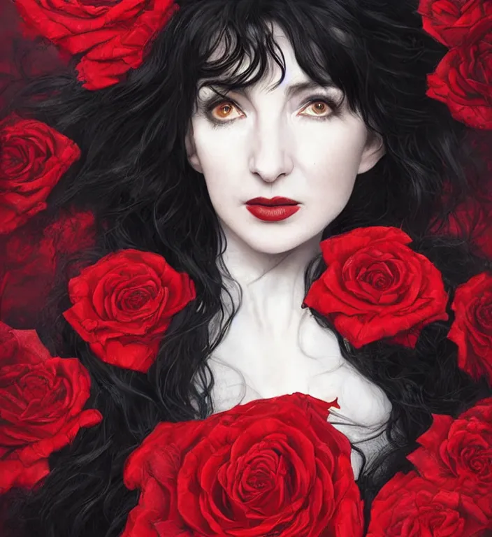 Image similar to portrait of kate bush, lush black hair, pale skin, red rose petals, flowing material, ruffled velvet background, intricate, beautiful cinematic lighting, stuning painting by artgerm and ruan jia and android jones