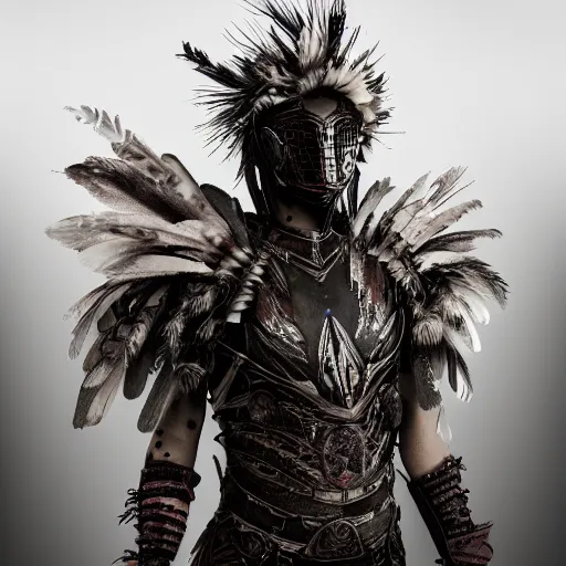 Prompt: a warrior wearing an armor made of feathers and energy, scars on face, volumetric lighting, scary eyes, digital art,