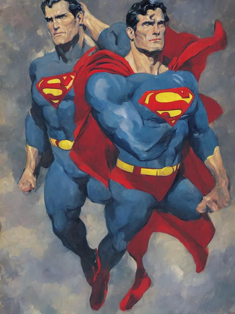 Image similar to a heroic portrait of Superman as illustrated by Gregory Manchess. 1992. Oil on panel. Museum Quality Scan.