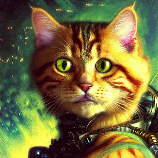 Image similar to a portrait of a humanoid fluffy tabby cat feline with green human eyes wearing a space suit. shadowrun cyberpunk fantasy highly detailed painting by gaston bussiere craig mullins jc leyendecker gustav klimt artgerm greg rutkowski john berkey, bergey, craig mullins, ruan jia, raymond swanland, jeremy mann, tom lovell, alex malveda