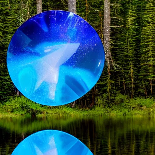 Image similar to abstract crystal sculpture of a nebula hovering above a clear blue lake in a clearing in the middle of an evergreen forest at dawn