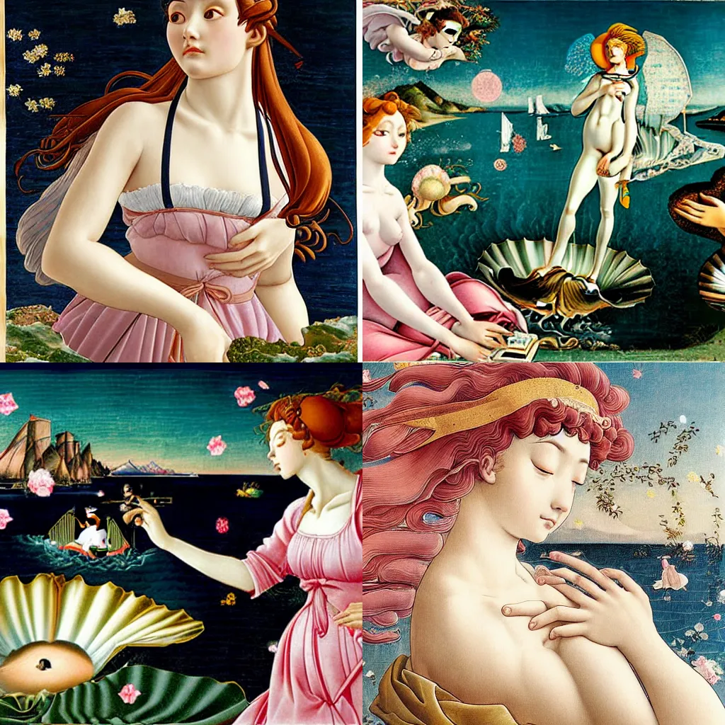 Prompt: Realistic detailled Tomoyo Daidouji in the Birth of Venus by Botticelli