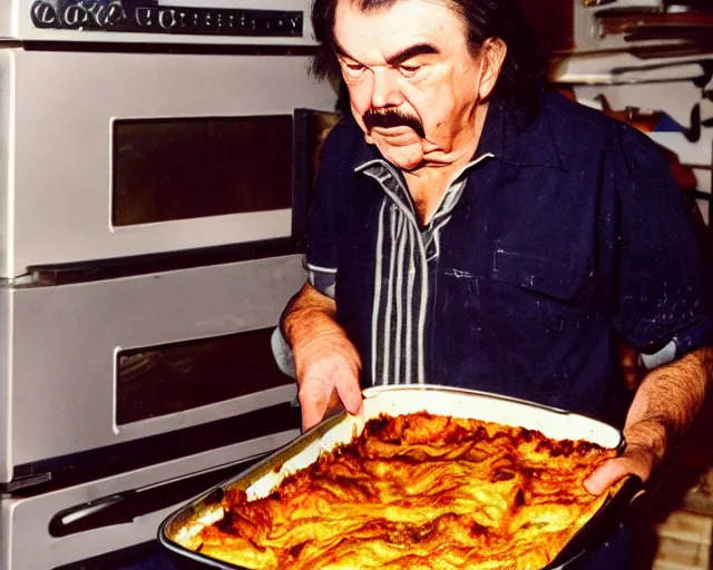 Image similar to candid photo of captain beefheart removing a lasagne from the oven