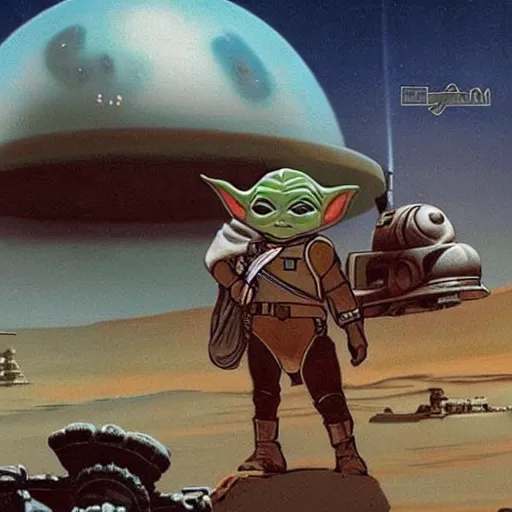 Image similar to mandalorian and baby yoda grogu with atomic bomb explosion behind in the background on mars planet, vintage color found photo