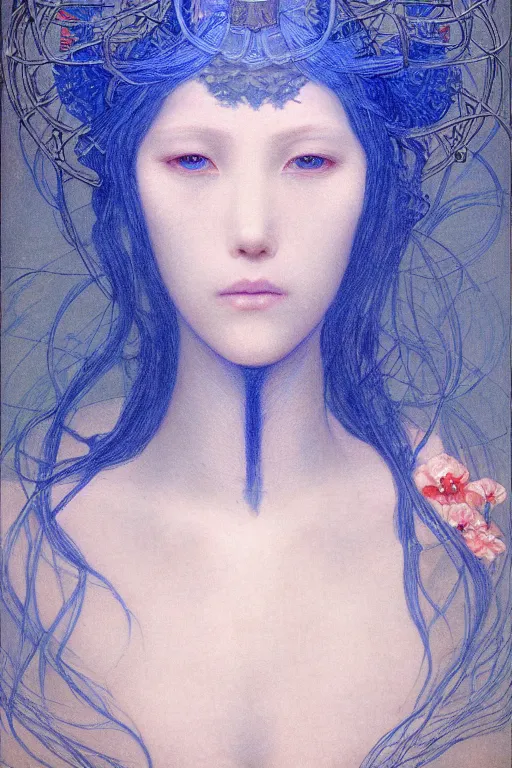 Image similar to portrait of beautiful young mainem, warhammer, japanic style, cyberpunk, a lot of scars, more and more flowers, blue head, the middle ages, highly detailed, artstation, illustration, art by jean delville, 8 k quality