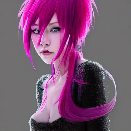 Prompt: girl with an eccentric pink haircut wearing an long dress made of feathers, full character, realistic art work, cgi, anime, 8 k, ultra hd, sketch anime