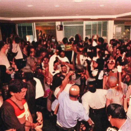 Image similar to photo of a small party with people partying in the early 1990's. 2pac can be seen in the background.