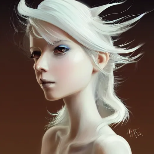 Prompt: 3 / 4 portrait of a pixie character with flowing white hair, elegant, highly detailed, digital painting, artstation, concept art, sharp focus, illustration, strong brush stroke, anime, sharp focus, ghibli studio, art by ilya kuvshinov, rossdraws