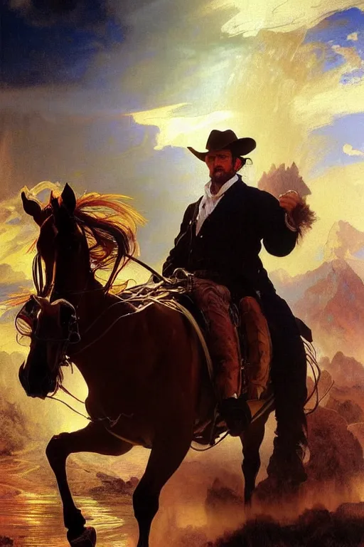 Image similar to hyperrealist portrait of a cowboy driving stage coach by thomas moran and fredrick remington and alphonse mucha, fantasy art, photo realistic, dynamic lighting, artstation, poster, volumetric lighting, very detailed faces, 4 k, award winning