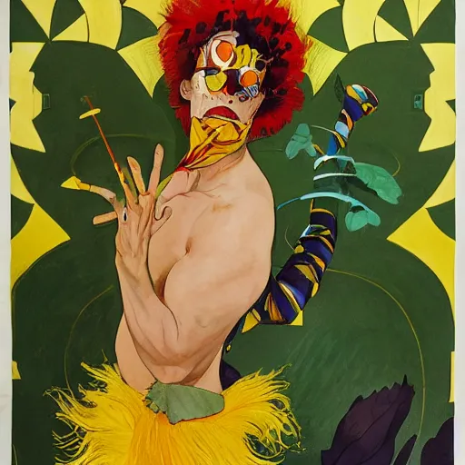 Image similar to art by joshua middleton, the yellow creeper, a tall manically smiling yellow - skinned man with green and black striped cycling shorts and wearing a long red feather boa, yellow makeup, mucha, kandinsky, poster, comic art, stylised design