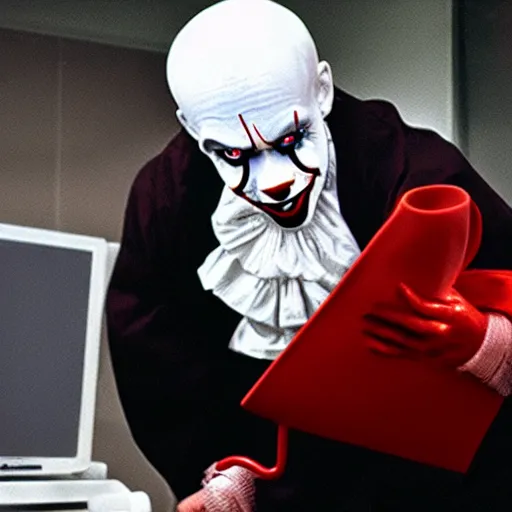 Image similar to dr pennywise wirking in the emergency room, using a stethoscope, wearing doctor clothes, dramatic