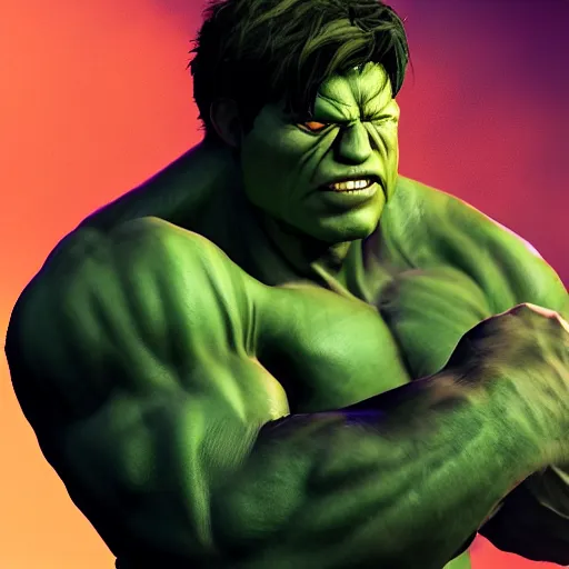 Image similar to Incredible Hulk smoking weed, gta artstyle, macro, wide shot, dramatic lighting, octane render, hyperrealistic, HD