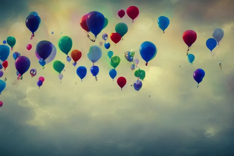 Prompt: the balloons floated away along with all my hopes and dreams. photo - realistic hd, hyperrealism, colourful, highly detailed, cinematic, luminescence, 3 2 k, dop, high contrast, intricate, mystery, epic, fantasy