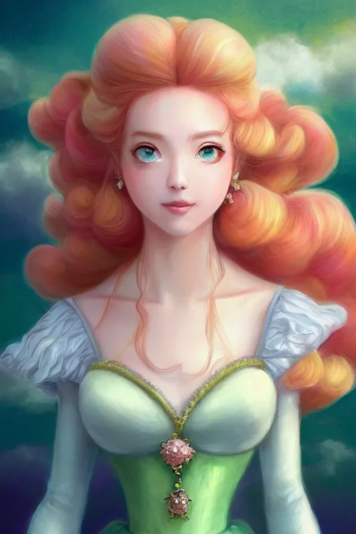 Prompt: portrait of princess peach, fantasy, gradient white pink gold, dreamy and ethereal, green eyes, golden ratio, peaceful expression, ornate frilly dress, fantasy, intricate, elegant, blue skye with clouds on the background, highly detailed, digital painting, artstation, concept art, smooth,b sharp focus, illustration, art by artgerm and greg rutkowski and alphonse mucha