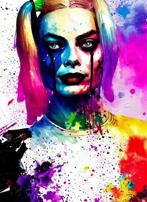 Prompt: beautiful suicide squad happy margot robbie that looks like harley quinn, splatter abstract portrait, watercolor, style by simon bisley, ismail inceoglu, wadim kashin, filip hodas, benedick bana, and andrew atroshenko.