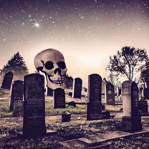 Prompt: giant skull hovering over graveyard, realistic shattered human skull, nighttime award winning photography