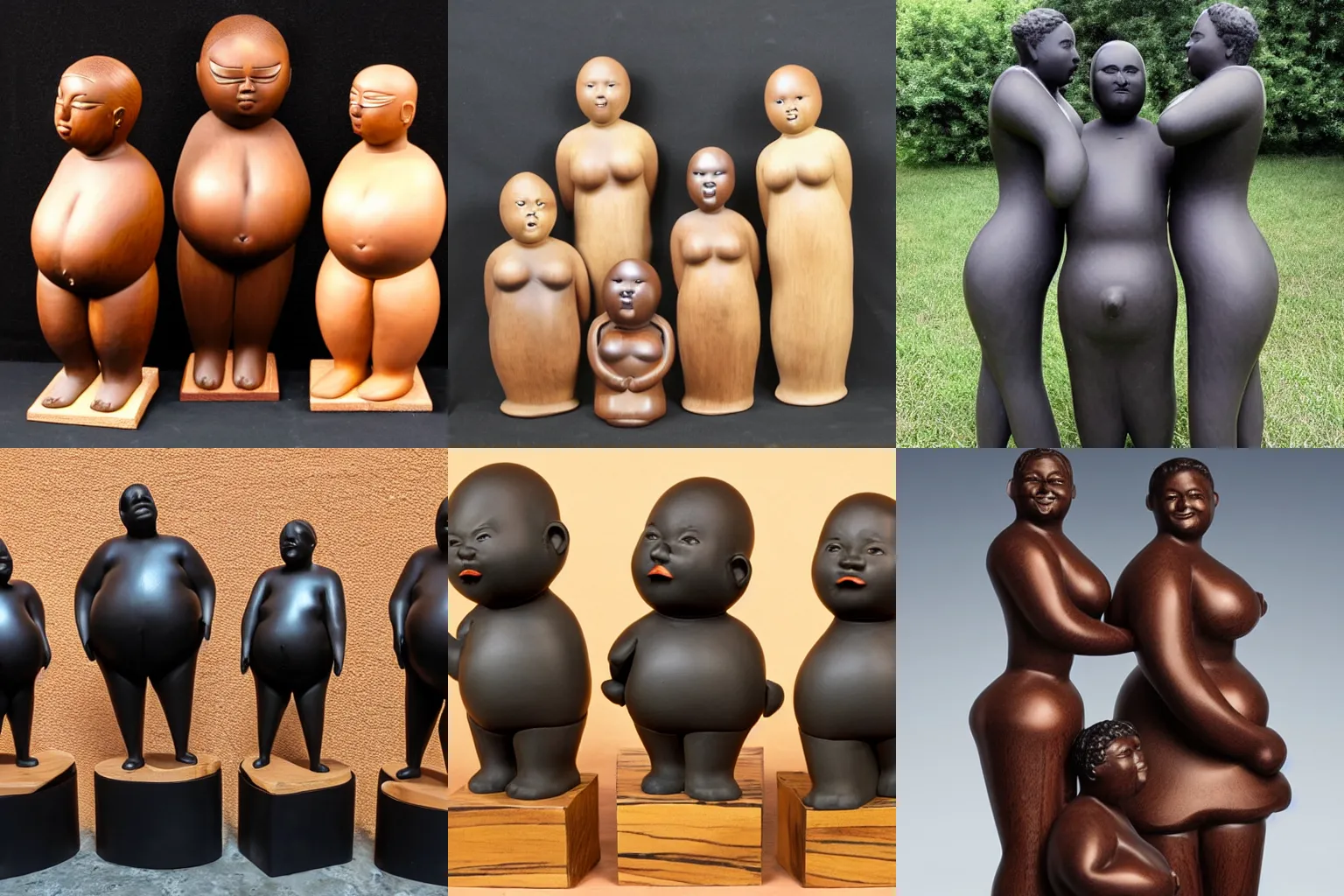 Prompt: abstract ebony wood sculpture of three beautiful fat androgynous polyamorous black people